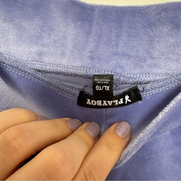 Playboy old English y2k Blue Velour Pants with Logo and rhinestone XL periwinkle - Picture 8 of 8